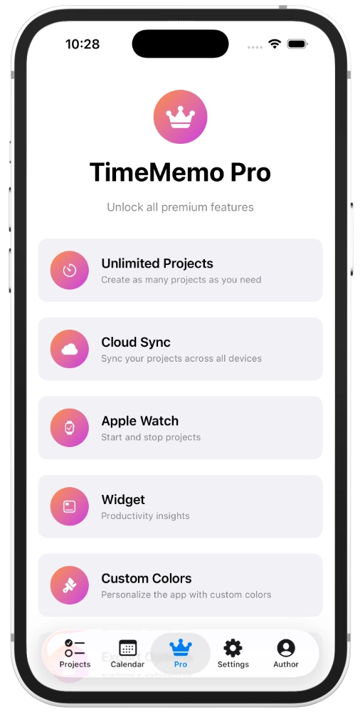 TimeMemo Pro features – unlimited projects, export, iCloud Sync, widgets